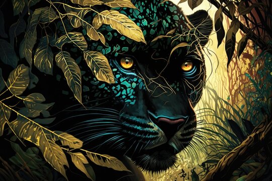 Mysterious panther melted into the shadows of a jungle, its eyes glowing amidst the exotic flora. Ink color painting. Generative AI