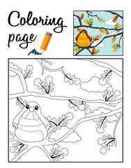 Autumn scenery with a bird siting on fall branch with oak leaves and clouds behind.  Coloring page