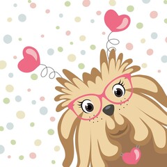 Cartoon dog with heart headdress. Valentines day card