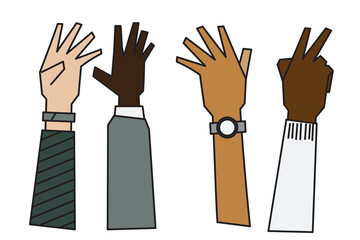 people raising hands that are different Ethnicity, gender, age and skin color