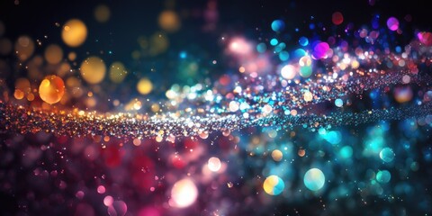 Bioluminescent glitter sparkle. Bokeh abstract shimmer background. Rainbow glowing sequins lights wallpaper.