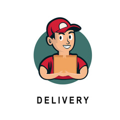 Delivery courier man logo character, cartoon emblem. Vector illustration.