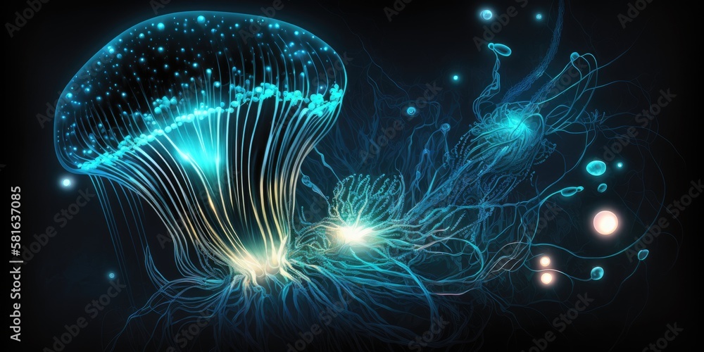 Wall mural abstract bioluminescent underwater fantasy. glowing lights. dreamy seascape. 3d stars, plants, jelly