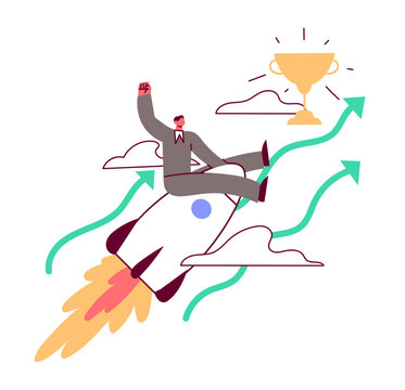 Business man is flying up in a rocket in pursuit of a reward