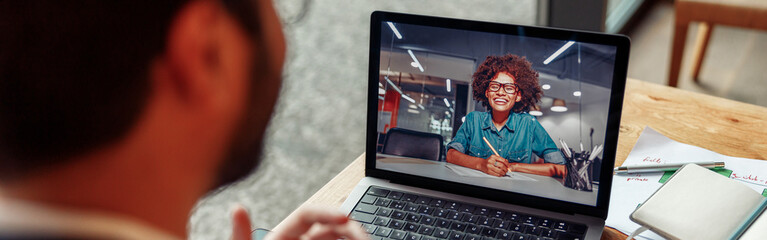 Businessman have a business meeting via video call in cafe