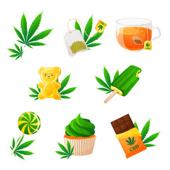 Products set with cannabidiol, marijuana leaf, CBD for healthcare. Medical cannabis marijuana. 
Collection of hemp products. Vector illustration cartoon flat icon.
