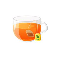 Cup of tea with cannabidiol and medical cannabis marijuana leaf. CBD for healthcare. Vector illustration cartoon flat icon.