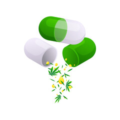 Capsules with cannabidiol and medical cannabis marijuana leaf. CBD for healthcare. Vector illustration cartoon flat icon.
