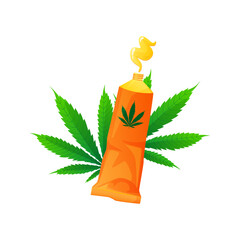 Cream tube with cannabidiol and medical cannabis marijuana leaf. CBD for healthcare. Vector illustration cartoon flat icon.