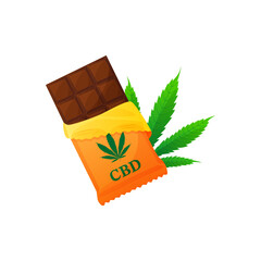 Chocolate bar with cannabidiol and medical cannabis marijuana leaf. CBD for healthcare. Vector illustration cartoon flat icon.