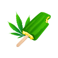 Ice cream with cannabidiol and medical cannabis marijuana leaf. CBD for healthcare. Vector illustration cartoon flat icon.