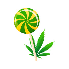 Lollipop with cannabidiol and medical cannabis marijuana leaf. CBD for healthcare. Vector illustration cartoon flat icon.