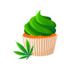 Cupcake with cannabidiol and medical cannabis marijuana leaf. CBD for healthcare. Vector illustration cartoon flat icon.