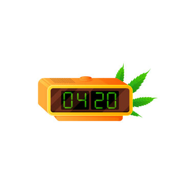 Digital clock with 4:20 time and weed cannabis leafs. Medical cannabis marijuana. CBD for healthcare. Vector illustration cartoon flat icon.