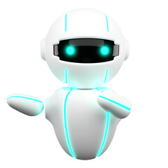Friendly Cute robot with hand up hello, chatbot mascot, AI, Artificial intelligence, virtual smart assistant bot icon, customer support chat bot, innovation and technology concept. 3d rendering