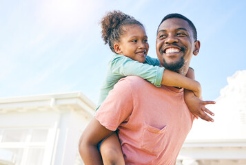 Mockup, piggy back and black father with girl, outside new house and playful family with love and happiness. African American dad carry daughter, happy child and kid with smile, fun and cheerful - Powered by Adobe