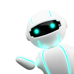 Friendly Cute robot with hand up hello, chatbot mascot, AI, Artificial intelligence, virtual smart assistant bot icon, customer support chat bot, innovation and technology concept. 3d rendering - obrazy, fototapety, plakaty