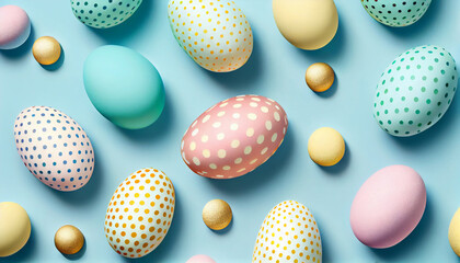 A colorful easter egg with polka dots on a blue background Generative ai