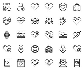 Set of heart and love icons. 30 heart line icon set, charity, love, dating, heart, donation, service, health, lifestyles, partnership