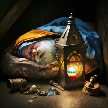 Cute dwarf sleeping in his hut next to a lantern. Generative AI