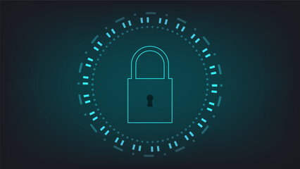 digital padlock with virtual screen on dark background. cyber security technology for fraud prevention and privacy data network protection concept