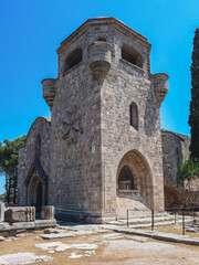 Fototapeta na wymiar Beautiful view of the Baptist with a stone font on Filerimos mountain.