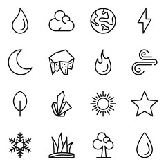 Set of 16 nature line icons. ecology icon, cloud, earth, lightning, icon set, water, ecology, nature, leaf, fire and sun