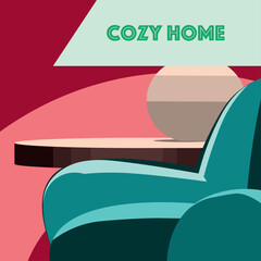 vector flat illustration of a living room interior with an armchair, table nearby and a lamp on it. Cozy home concept.