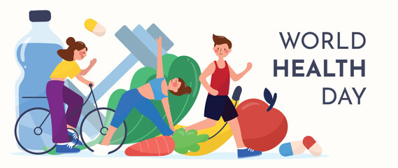 Fototapeta na wymiar World health day concept, 7 April, background vector. Hand drawn vibrant doodle style of people working out, exercise, sport, medicine, diet food. Design for web, banner, campaign, social media post.