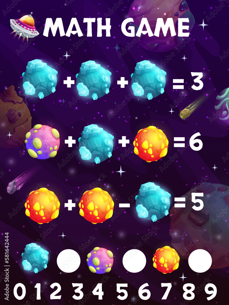 Poster space galaxy cartoon planets, math game worksheet or vector quiz puzzle for kids. space fantasy ufo 