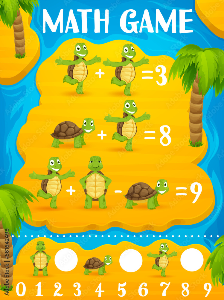 Poster math game worksheet cartoon turtle characters on tropical island. vector mathematics riddle for chil