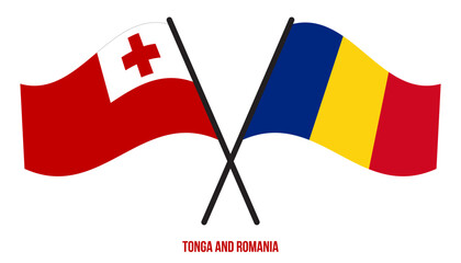 Tonga and Romania Flags Crossed And Waving Flat Style. Official Proportion. Correct Colors.