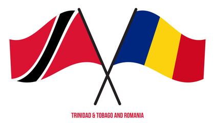 Trinidad & Tobago and Romania Flags Crossed And Waving Flat Style. Official Proportion.