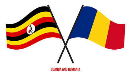 Uganda and Romania Flags Crossed And Waving Flat Style. Official Proportion. Correct Colors.