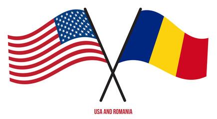 USA and Romania Flags Crossed And Waving Flat Style. Official Proportion. Correct Colors.