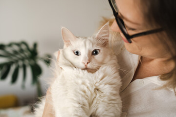 Attractive young caucasian brunette woman wearing eyeglasses standing at home indoor holding big fluffy funny cat with silly face.Care,love to pet,humour concept.