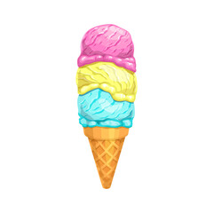 Cartoon ice cream cone with three scoops, vector food and summer dessert. Triple scoop ice cream, gelato or frozen yogurt with strawberry, vanilla and mint flavors in sugar waffle cone