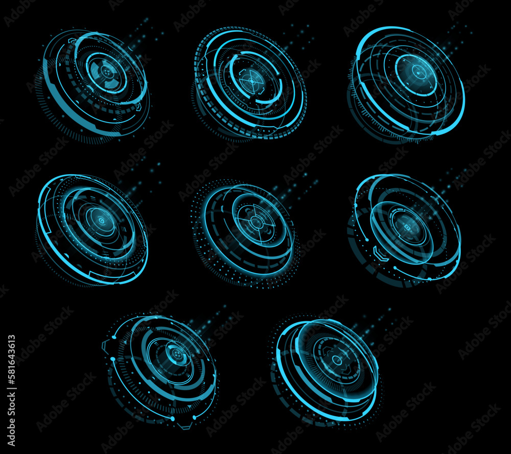 Poster HUD circle futuristic hologram on digital screen, circular graphs dashboard, vector display. HUD controls or UI interface panel, Sci Fi portal circle holograms, futuristic technology virtual controls