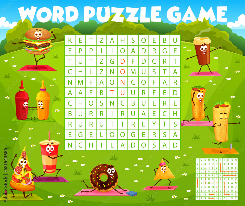 Poster word search puzzle quiz game, cartoon fast food yoga characters, vector worksheet. cheeseburger, bur