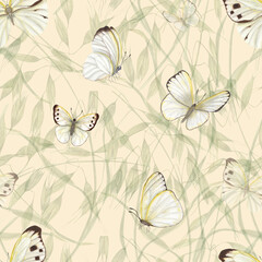 Watercolor seamless pattern of flying white butterflies isolated on background of wild oats. For greeting card design, invitation template, prints, wallpaper, fabric, textile, wrapping.