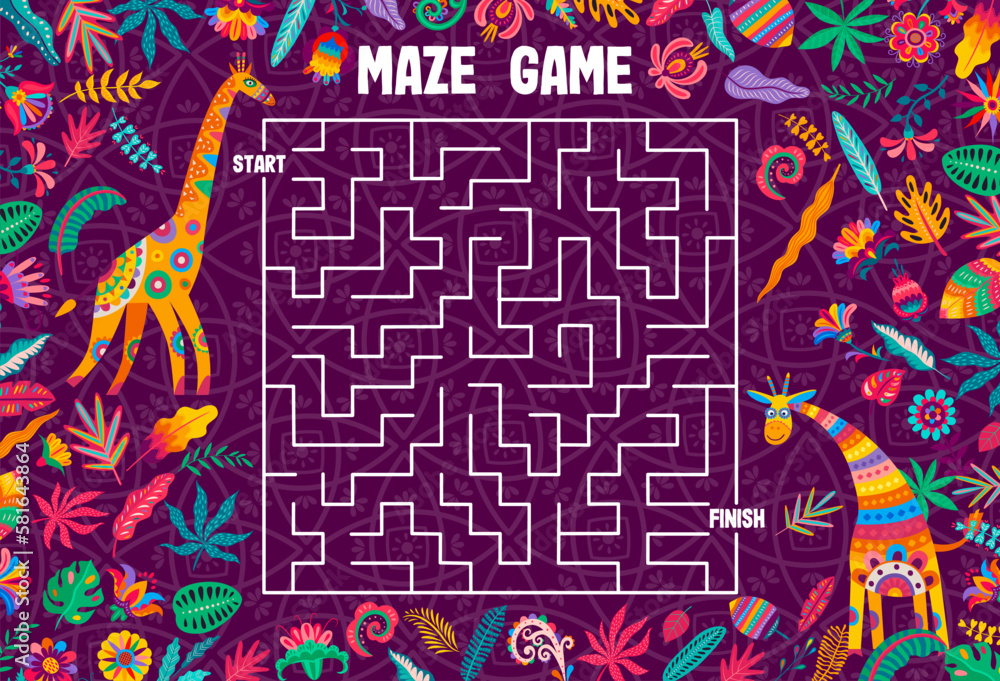 Poster labyrinth maze game help to giraffe to find his friend. kids vector boardgame worksheet with cartoon