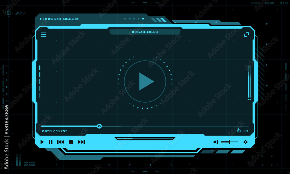 Aufkleber HUD video player futuristic interface, vector multimedia screen frame. HUD video player template layout with controls and navigation buttons of play and pause for video media and online live streaming