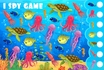 Fototapeta na wymiar Cartoon underwater landscape and animals i spy game. Kids vector riddle with angel fish, octopus, sea horse and puffer fish, turtle, squid and jellyfish in ocean. Elementary school task for children