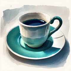 abstract vintage oil painting style blue teal and white colours and a cup of coffee on white background - obrazy, fototapety, plakaty