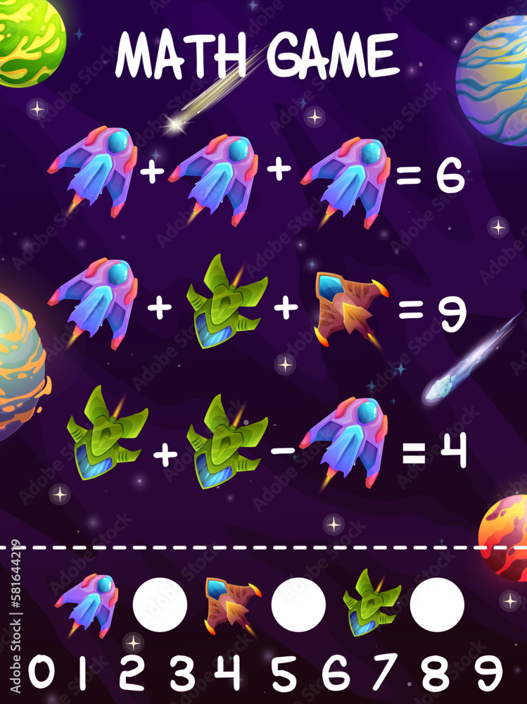 Aufkleber starcrafts and spaceships in galaxy math game worksheet. educational vector maze with cartoon starsh
