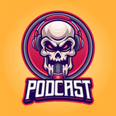 Skull head with microphone and headphone for podcast, radio, broadcasting logo template