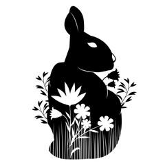 stencil rabbit sitting in the grass and flowers