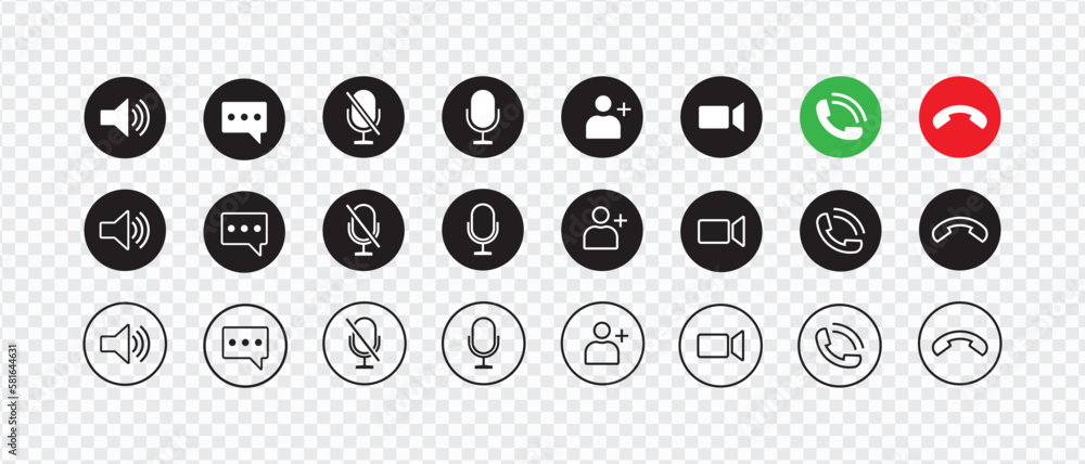 Poster video call icon set for conferencing and chat ui. transparent buttons with modern design for video c