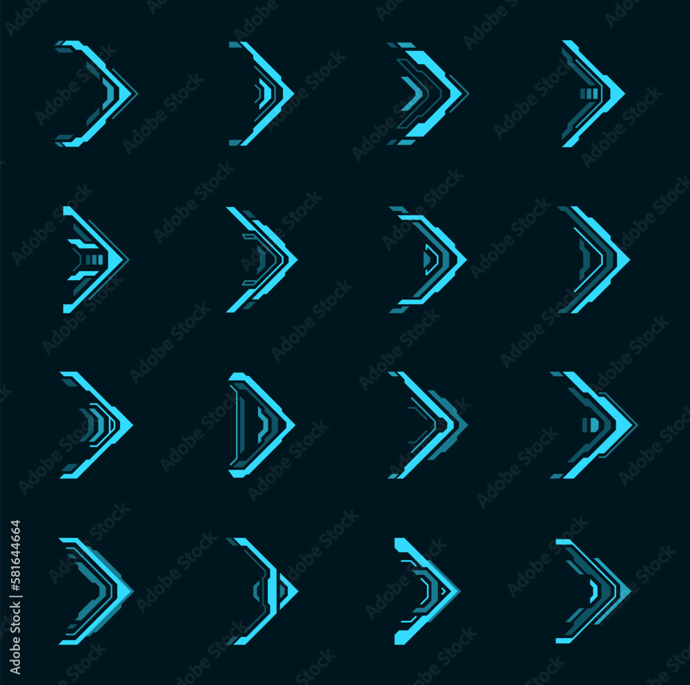 Leinwandbilder HUD futuristic arrow cursors, interface navigation neon buttons, vector virtual panel control elements. HUD or futuristic digital technology arrow cursors holograms for screen display or dashboard UI