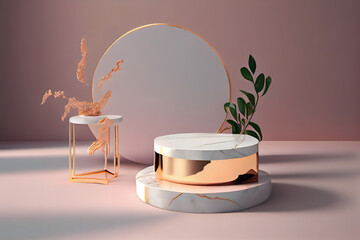 Green leaves and stone slabs product display, white podium and platforms, Wall mock-up in warm tones, plant pot on pink gold Molten kintsugi wall background